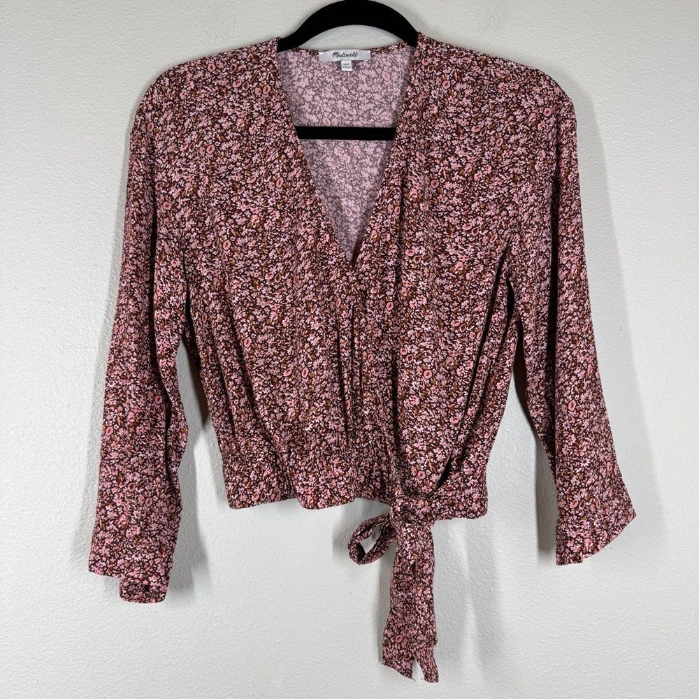 Madewell Wrap Top Long Sleeve Shirt Pink Dainty Floral Blouse Women’s Size XXS